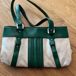 Etienne Aigner Green and Cream Canvas Shoulder Bag